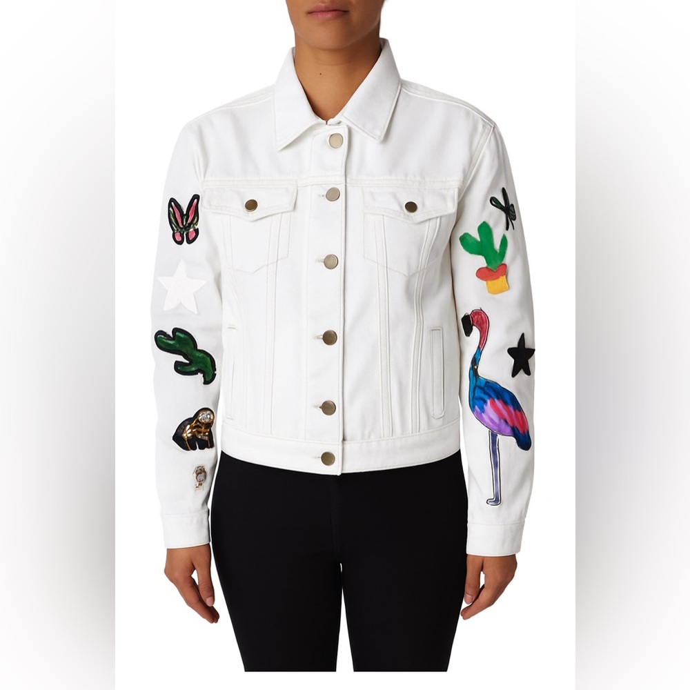 NWT Kengstar White Denim Jacket with Embroidered & Sequin Patches ONE OF A KIND